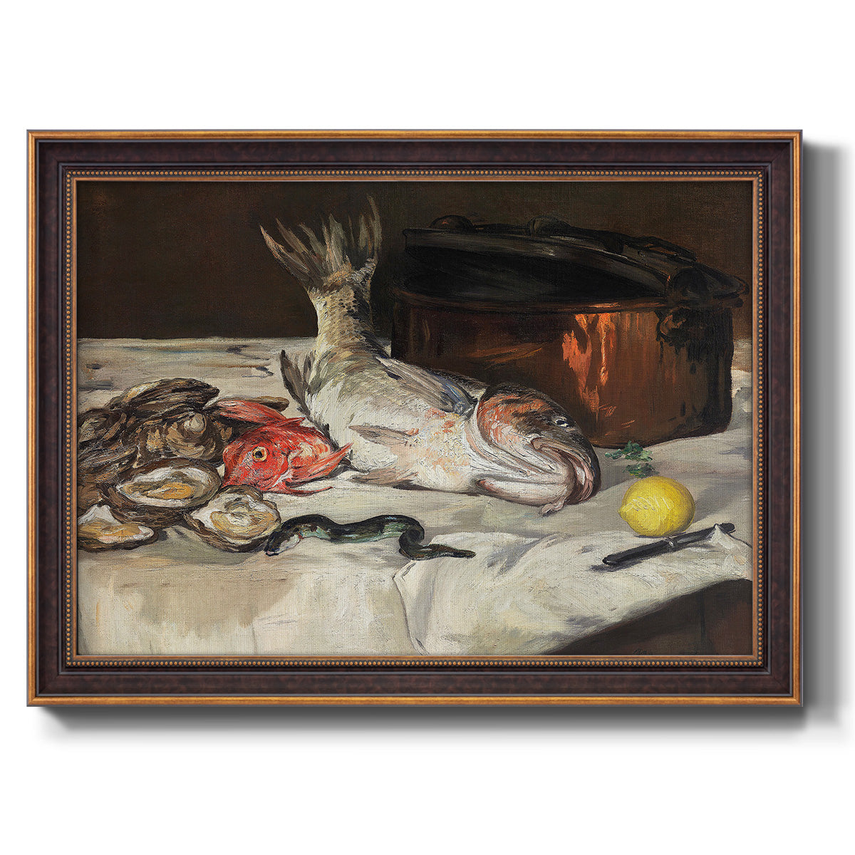 Impressionist still life painting of fish by Édouard Manet printed on canvas in an ornate bronzed mahogany wood frame.
