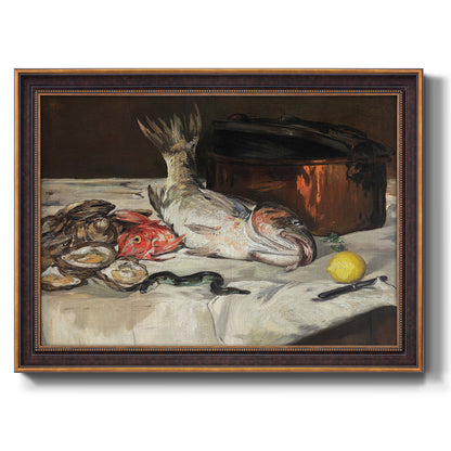 Impressionist still life painting of fish by Édouard Manet printed on canvas in an ornate bronzed mahogany wood frame.
