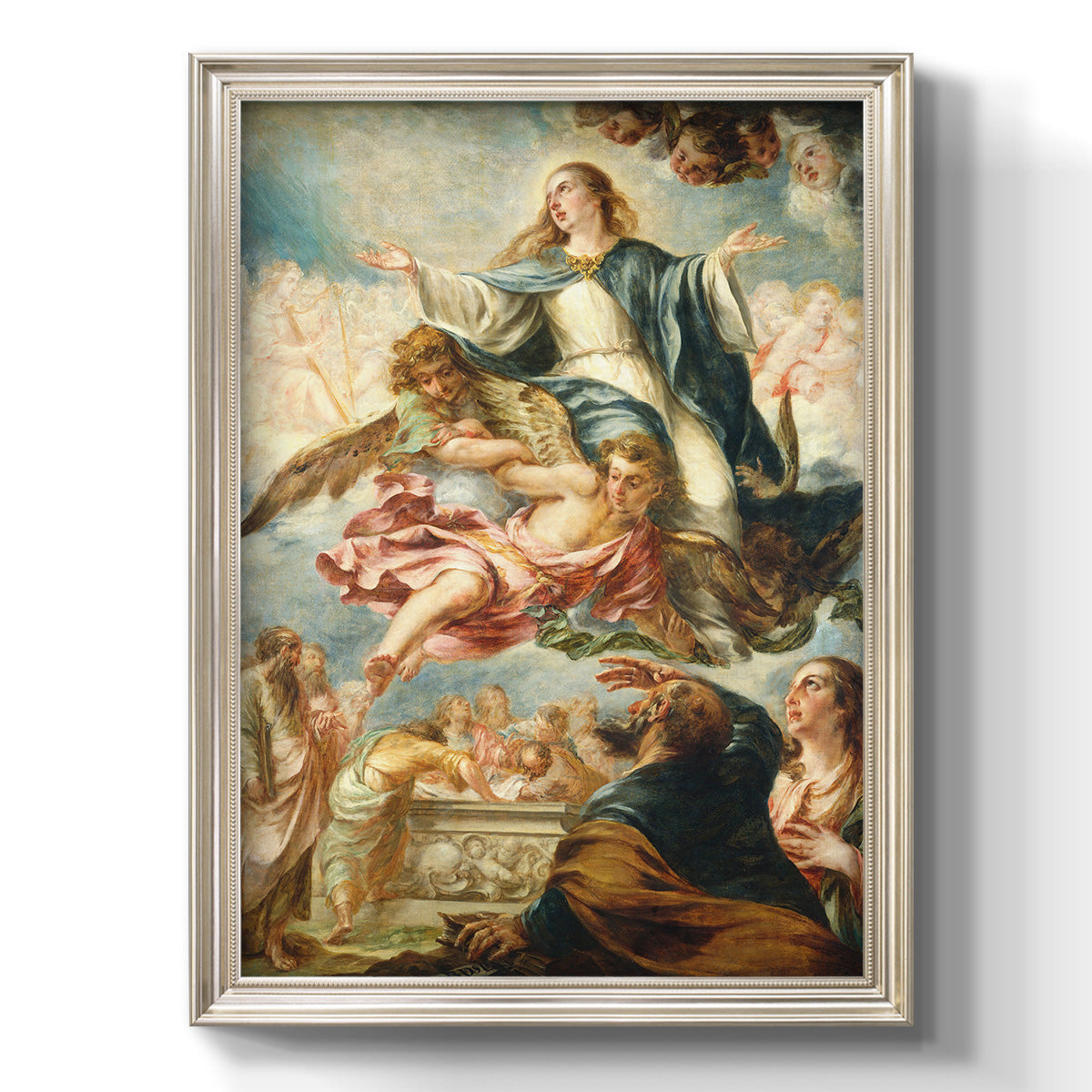 Religious painting of the Assumption of the Virgin Mary by Juan de Valdés Leal printed on canvas in an ornate champagne frame with a vertical orientation.