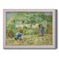 Impressionist family scene in a garden by Vincent van Gogh printed on canvas in an ornate weathered white frame.
