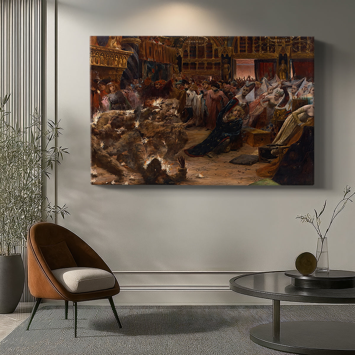 Canvas art print showcasing a crowded hall with a woman kneeling in distress as a statement piece in a spacious interior.