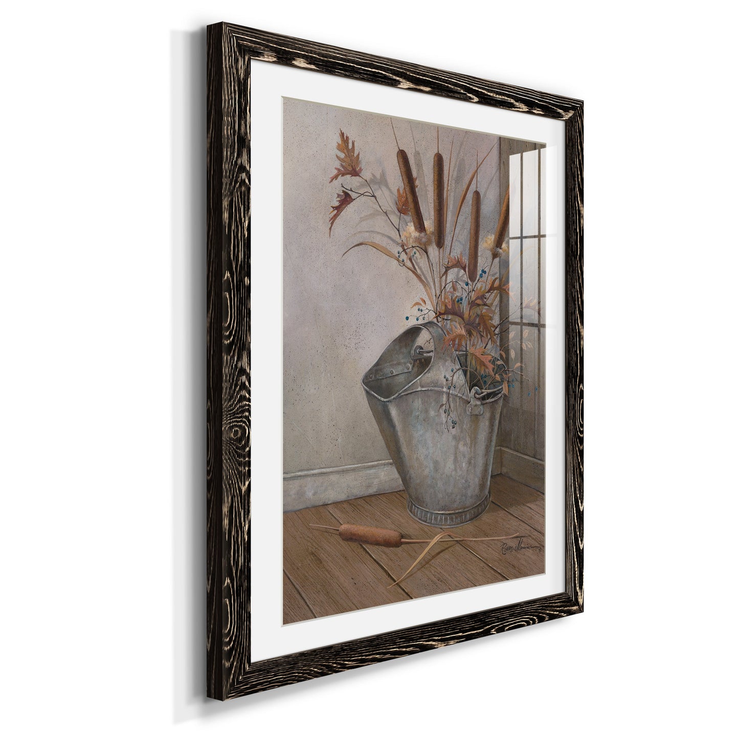 Berries & Cat Tails - Premium Framed Print - Distressed Barnwood Frame - Ready to Hang