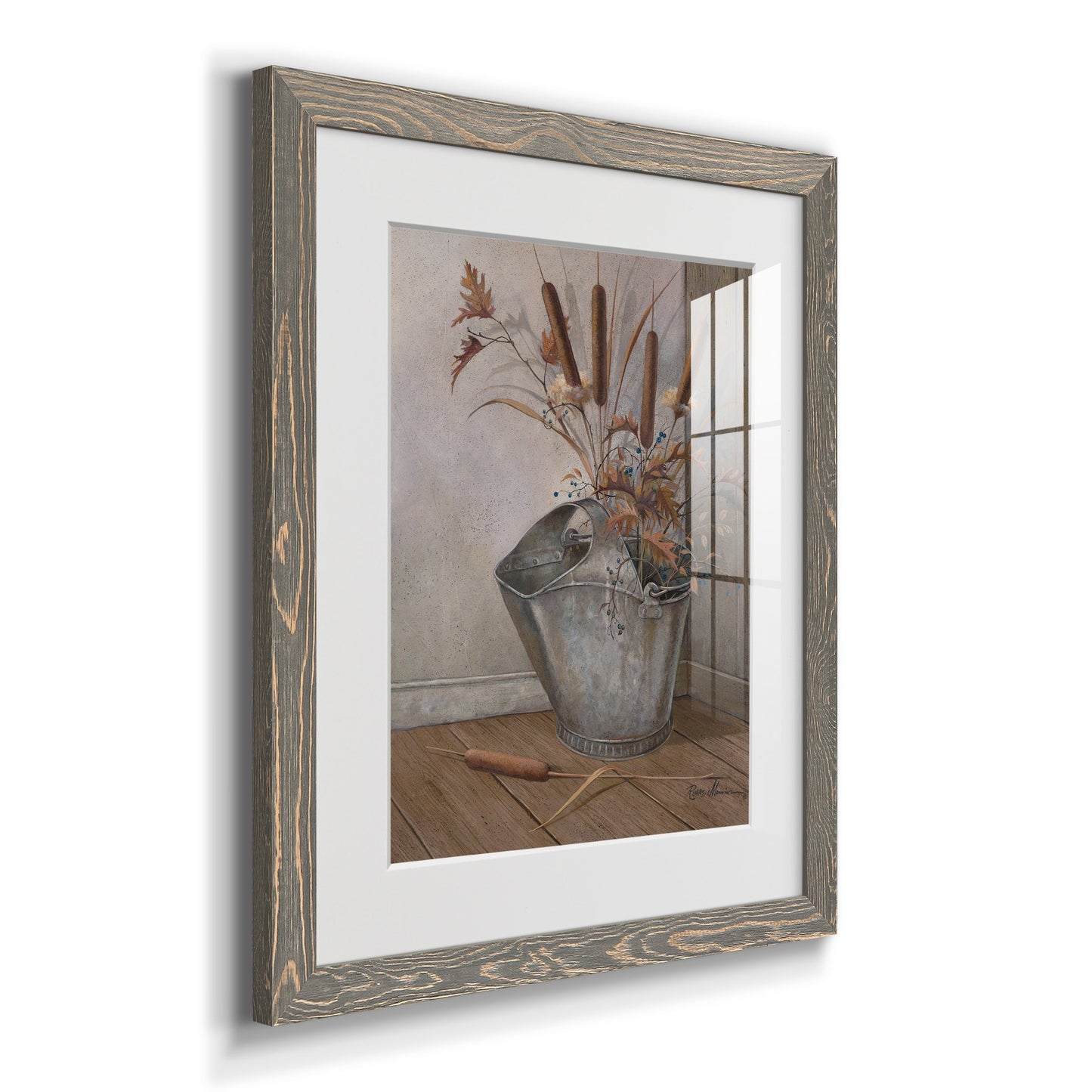 Berries & Cat Tails - Premium Framed Print - Distressed Barnwood Frame - Ready to Hang