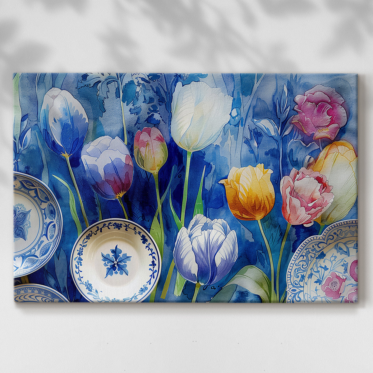 tulips,flowers,plates,blue background,art,decoration,color,spring,floral arrangement,still life,vibrant,nature,ceramics,dining,garden,blossoms,painting,design,aesthetic,home decor,craftsmanship,pattern,botanical,springtime,elegant,petals,table setting,hand-painted,colorful,harmony,beauty,vivid,texture,freshness,visual art,flower arrangement,kitchenware,inspired decor,cultural significance