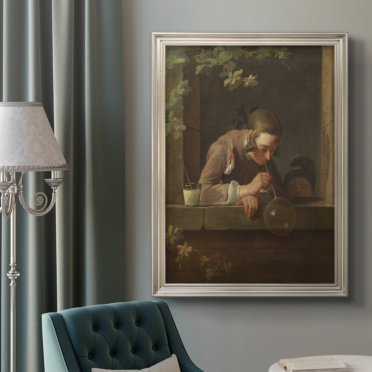 Classical genre painting of a child blowing soap bubbles by Jean-Siméon Chardin in an ornate champagne frame displayed in a neutral interior setting.