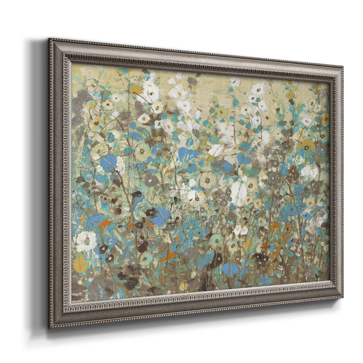 Impressionist flowering vine watercolor artwork printed on canvas in an ornate vintage silver frame.