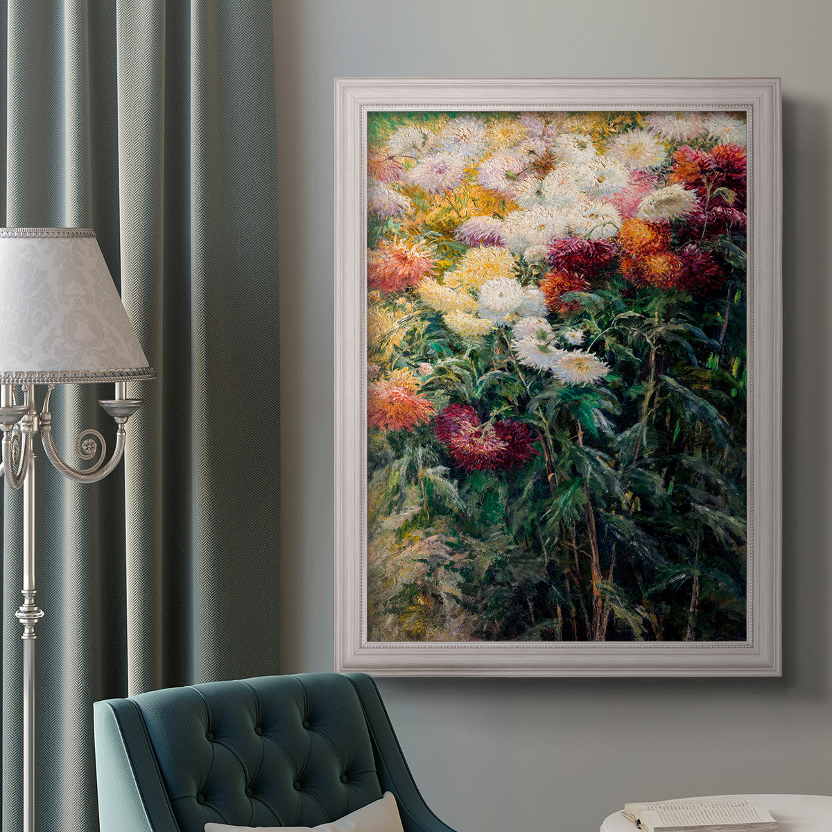 Impressionist garden floral painting by Gustave Caillebotte in an ornate weathered white frame displayed in a neutral interior setting.