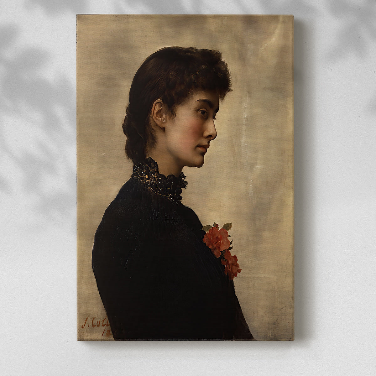 Canvas art print of a refined female figure with gentle tones and calm expression with a soft shadow on a white background.
