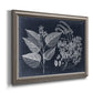Decorative botanical foliage drawing on navy background printed on canvas in an ornate vintage silver frame.