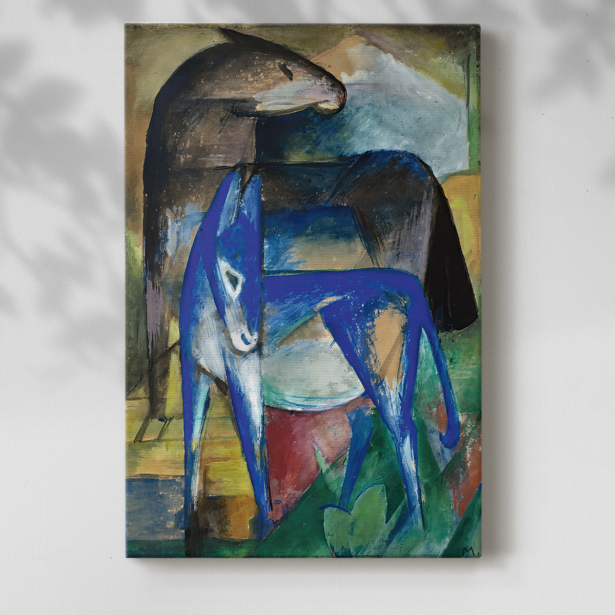Canvas art print of a playful animal composition with bold color and simple forms with a soft shadow on a white background.