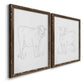 Angled view of a set of two walnut barnwood framed canvas prints featuring two minimalist livestock sketches featuring simple contour drawings of standing cows.