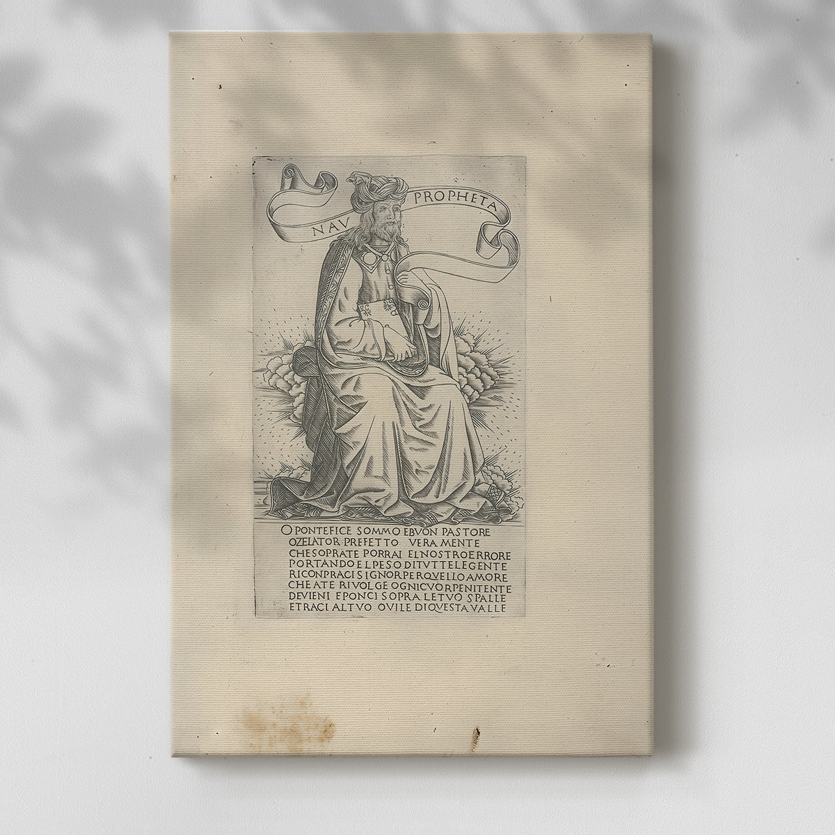 Canvas art print of a classical figure with etched texture and balanced pose with a soft shadow on a white background.