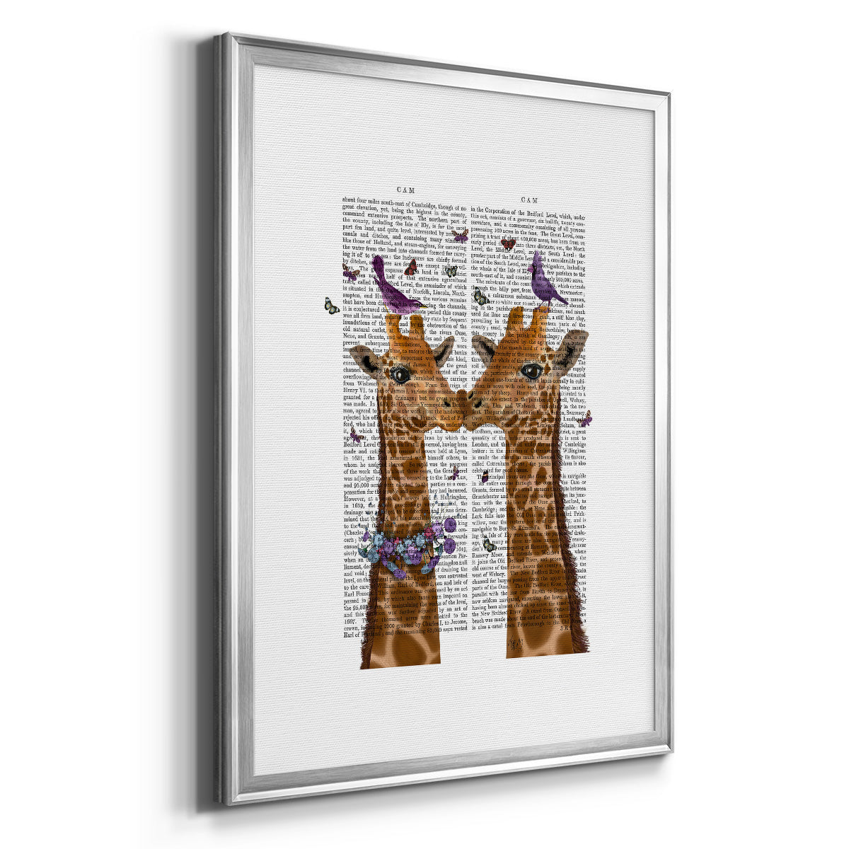 Kissing Giraffes with Birds - Modern Framed Canvas Print