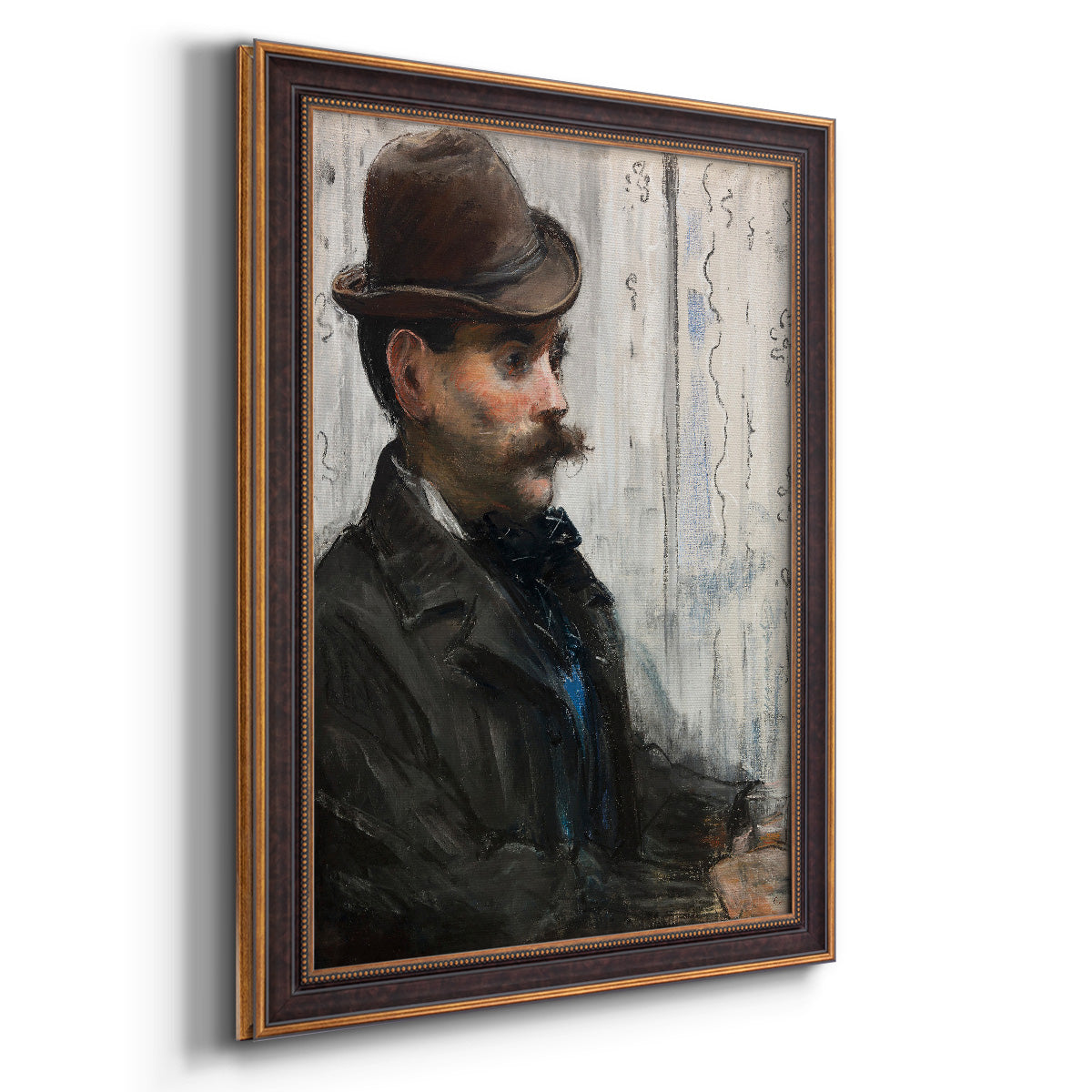 Impressionist portrait of a seated man by Édouard Manet printed on canvas in an ornate bronzed mahogany wood frame with a vertical orientation.