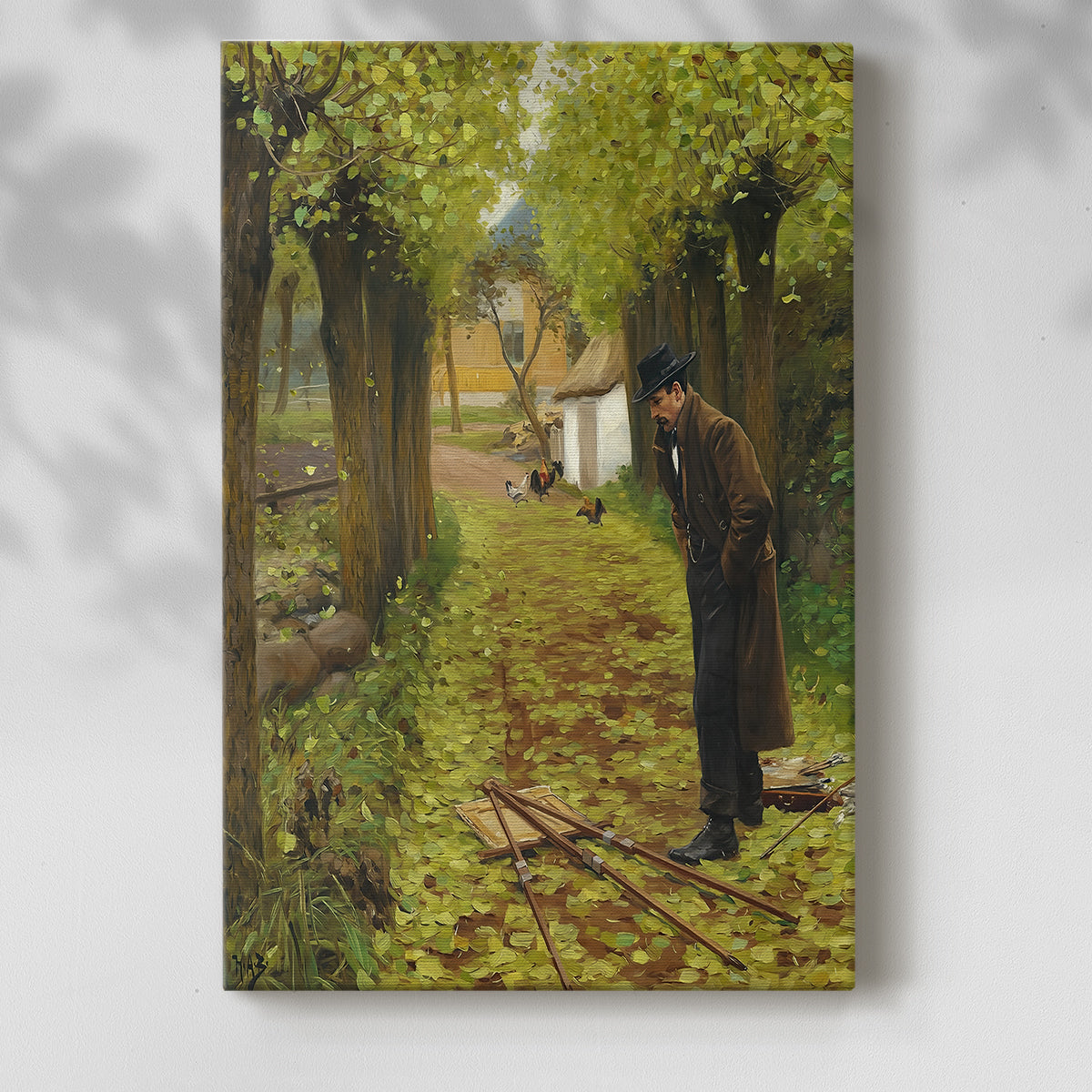 Canvas art print of a figure standing in nature with painting tools nearby with a soft shadow on a white background.