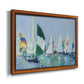 Coastal harbor watercolor painting printed on canvas in an ornate vintage burl wood frame.