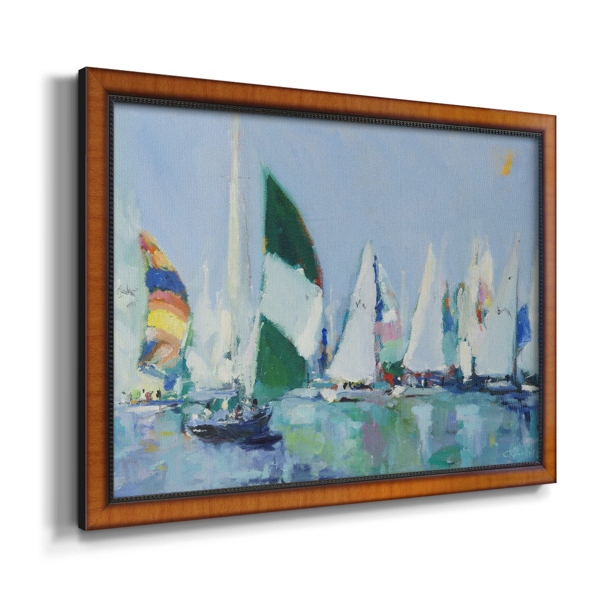 Coastal harbor watercolor painting printed on canvas in an ornate vintage burl wood frame.