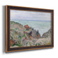 Impressionist coastal watch cabin scene by Claude Monet printed on canvas in an ornate bronzed mahogany wood frame.