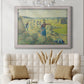 Impressionist rural hay harvest landscape by Camille Pissarro in an ornate weathered white frame displayed in a neutral-toned interior setting.