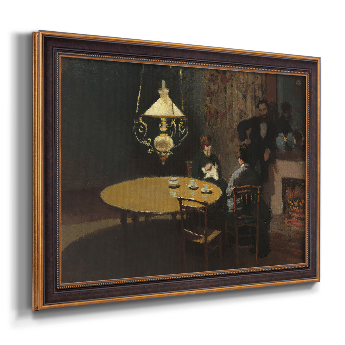 Impressionist domestic interior scene by Claude Monet printed on canvas in an ornate bronzed mahogany wood frame.