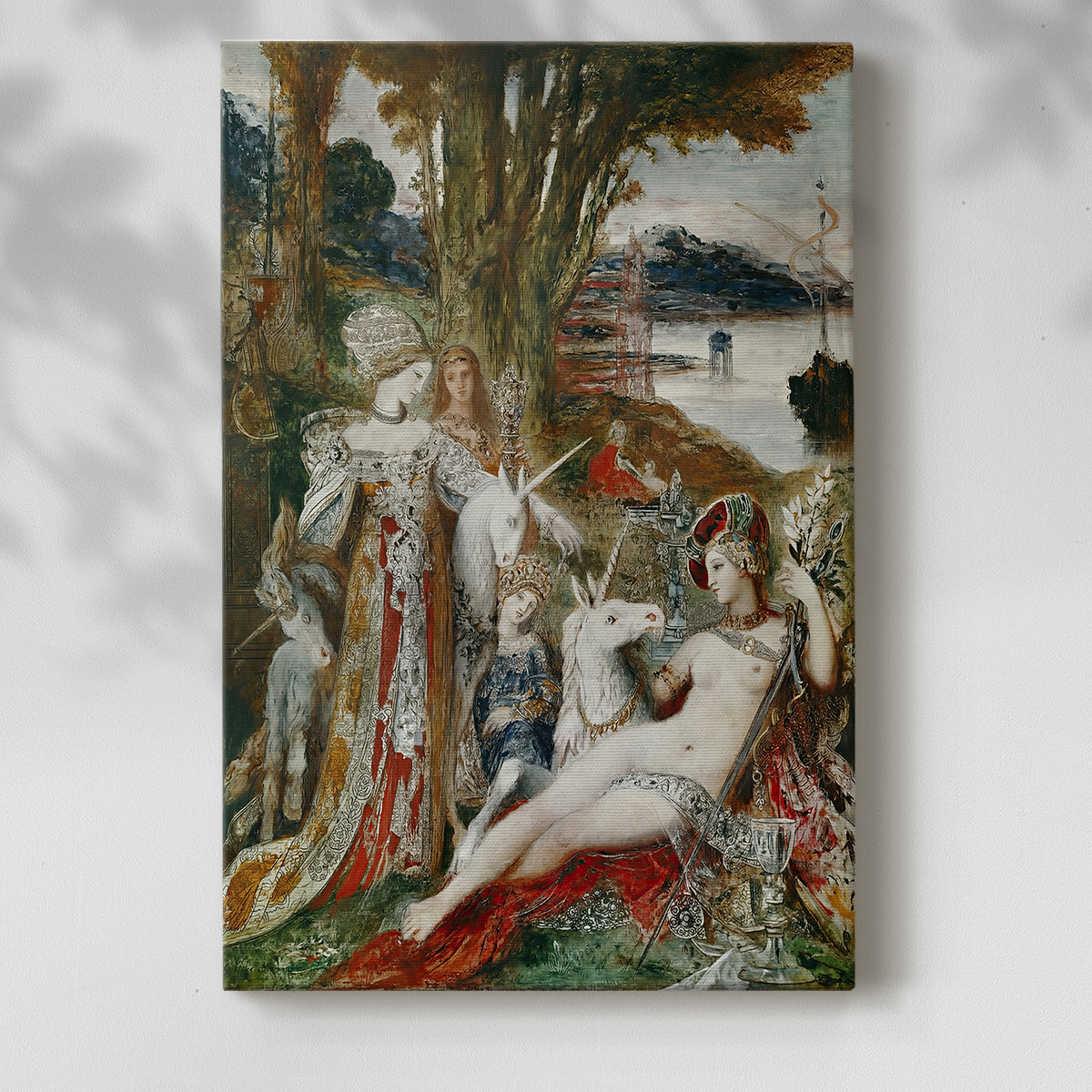 Canvas art print of a mythic composition with animals and decorative elements with a soft shadow on a white background.