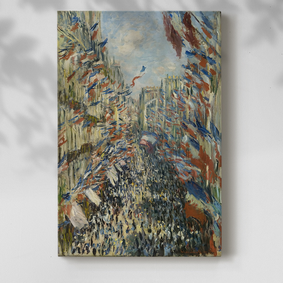 Canvas art print of a festive city street filled with movement and color with a soft shadow on a white background.
