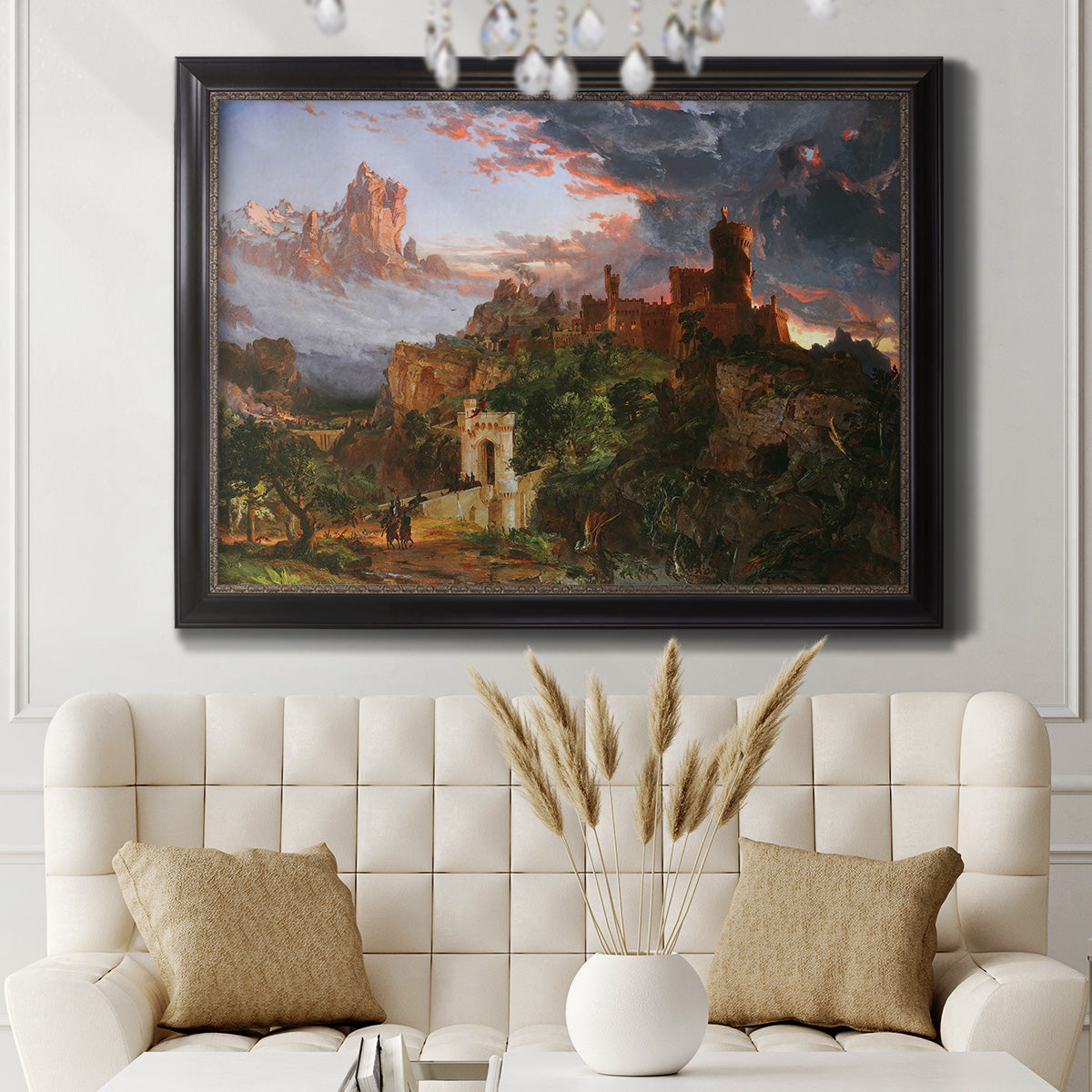 Romantic allegorical landscape painting by Jasper Francis Cropsey in an ornate black frame with gilded inner detail displayed in a neutral-toned interior setting.
