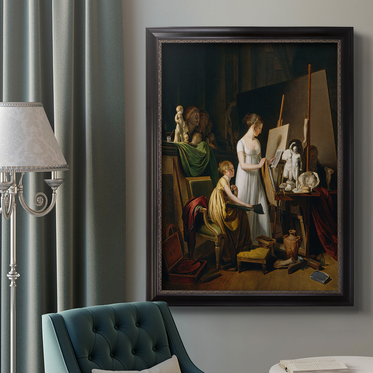 Classical interior painting of an artist at work by Louis-Leopold Boilly in an ornate black frame with gilded inner detail displayed in a neutral interior setting.