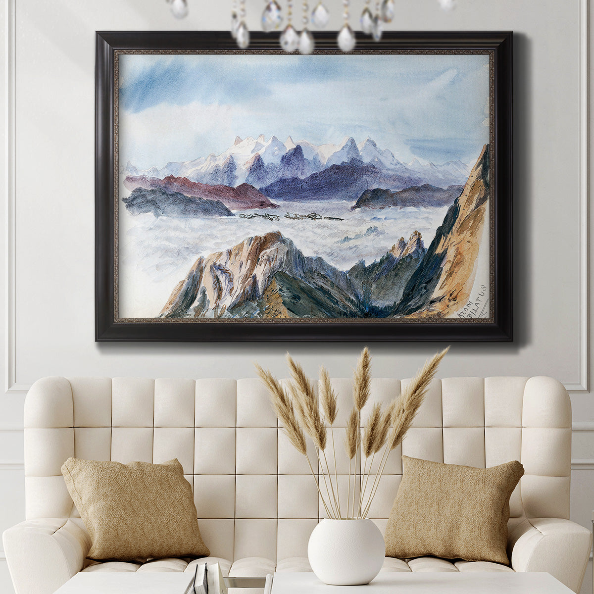 Impressionist alpine mountain landscape by John Singer Sargent in an ornate black frame with gilded inner detail displayed in a neutral-toned interior setting.
