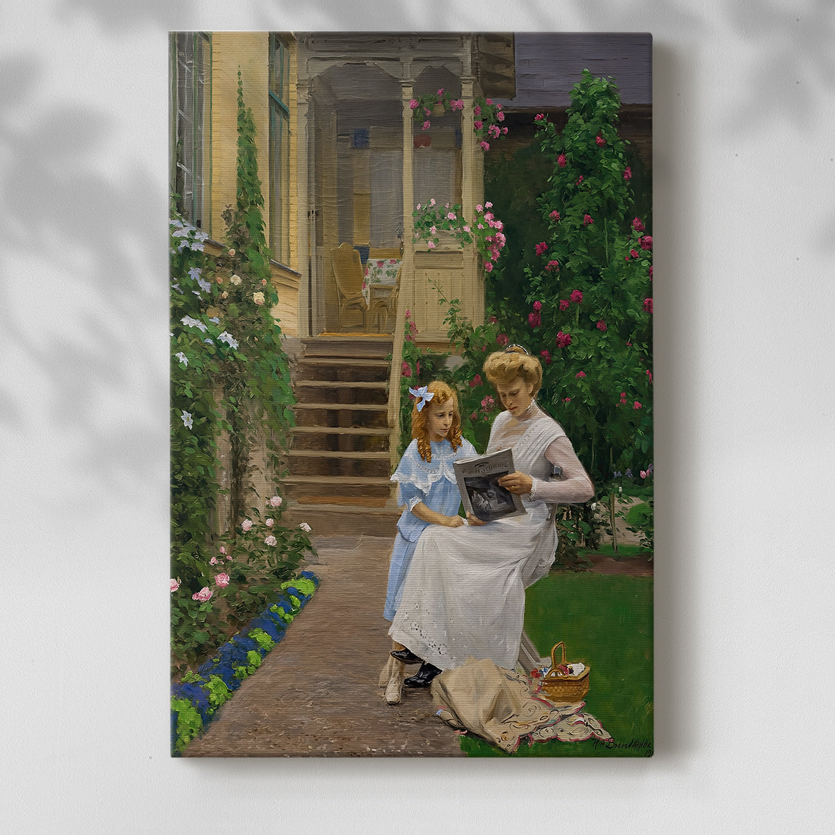 Canvas art print of a peaceful outdoor moment with figures among greenery with a soft shadow on a white background.