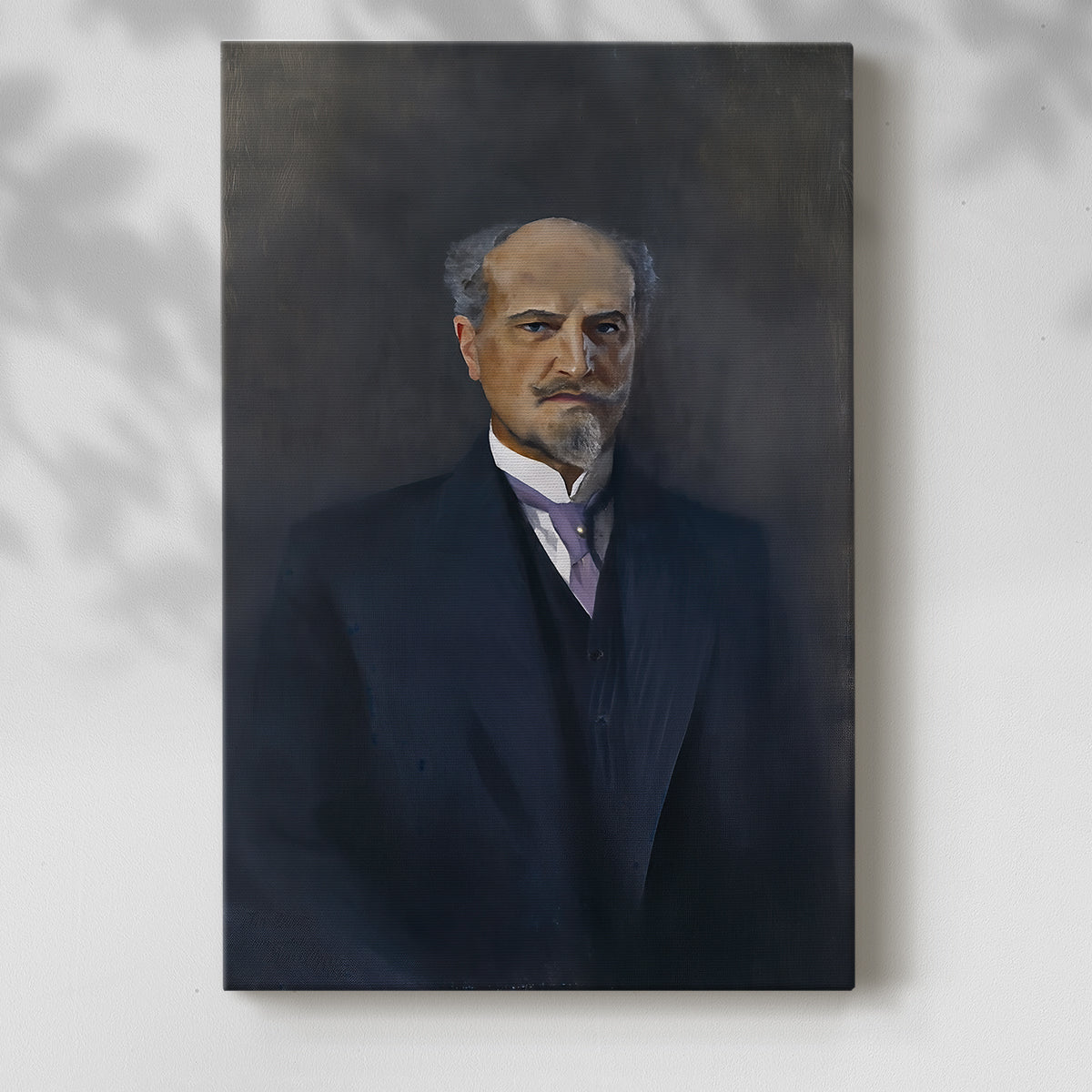 Canvas art print of a refined portrait of a man with subdued tones and composed expression with a soft shadow on a white background.