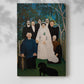 Canvas art print of a formal gathering of figures in a lush garden setting with a soft shadow on a white background.