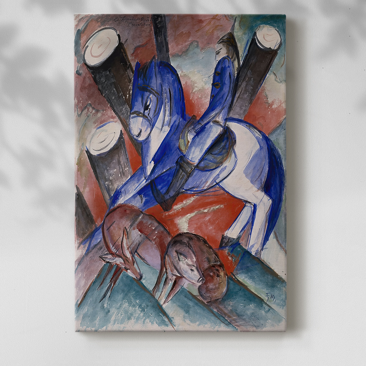 Canvas art print of a vibrant composition with fragmented shapes and strong color with a soft shadow on a white background.