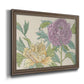 Contemporary peony flower illustration printed on canvas in an ornate traditional bronze frame.