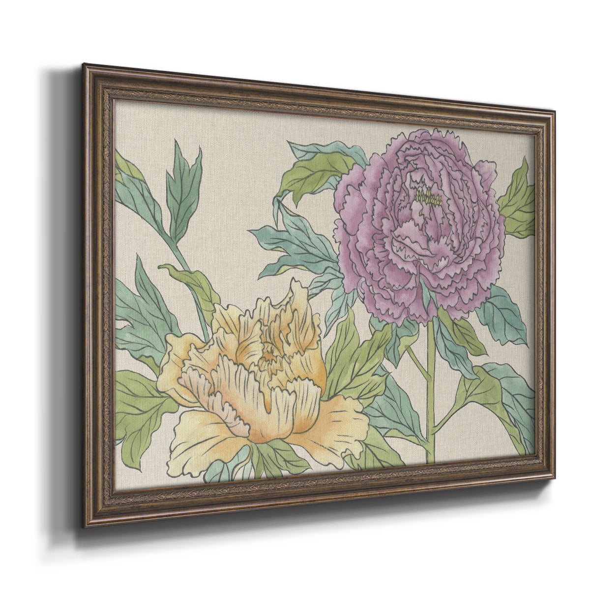 Contemporary peony flower illustration printed on canvas in an ornate traditional bronze frame.