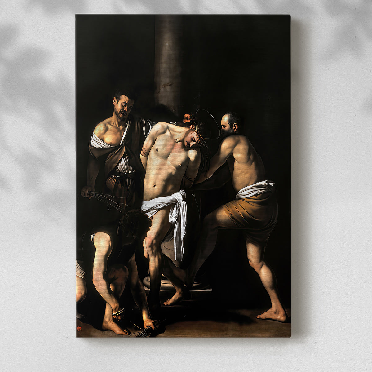 Canvas art print of a tense composition with figures in motion and strong contrast with a soft shadow on a white background.