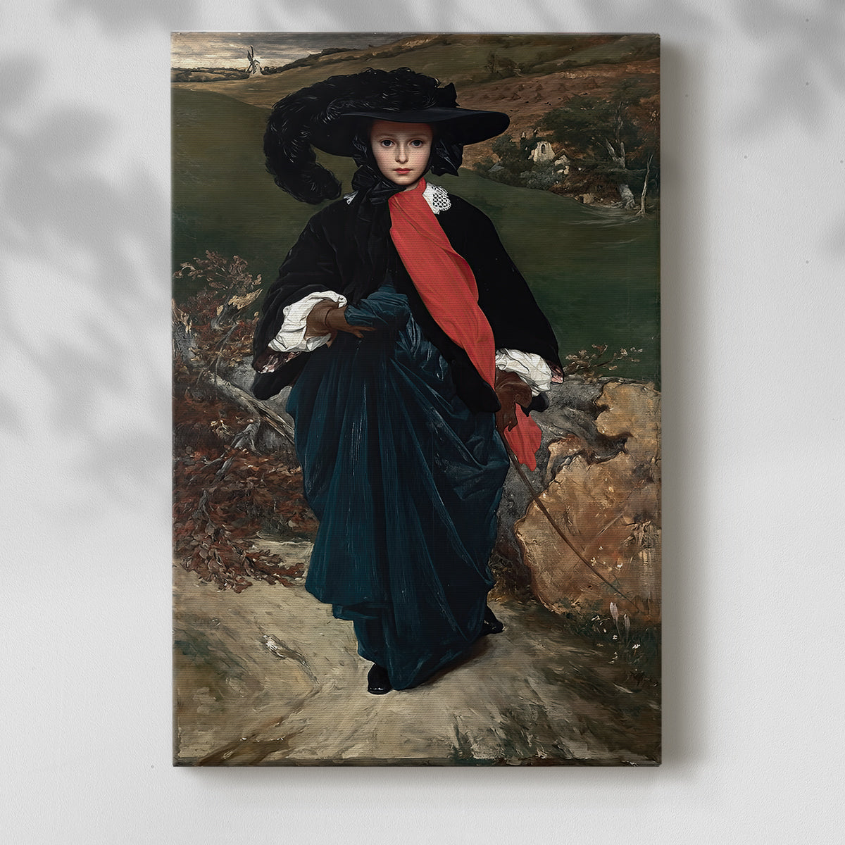 Canvas art print of a poised female figure with flowing fabric and calm expression with a soft shadow on a white background.
