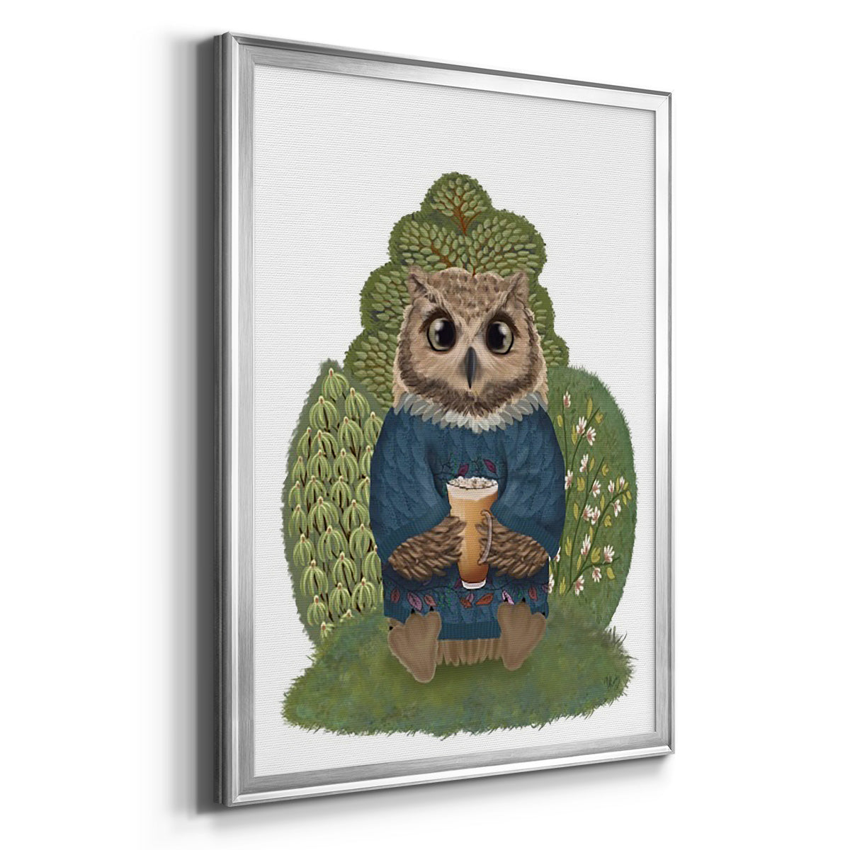 Latte Owl in Sweater - Modern Framed Canvas Print