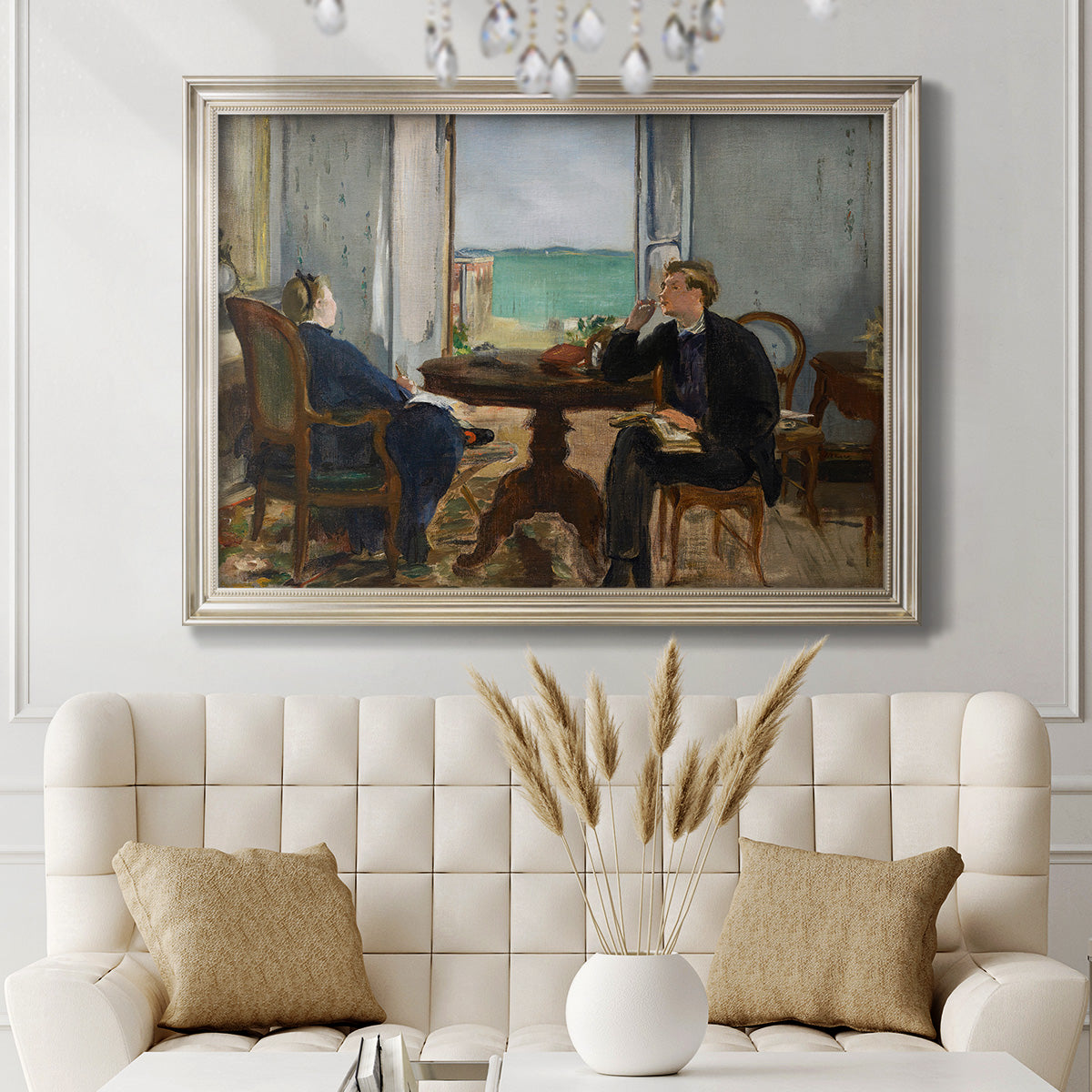 Impressionist interior scene by Édouard Manet in an ornate champagne frame displayed in a neutral-toned interior setting.