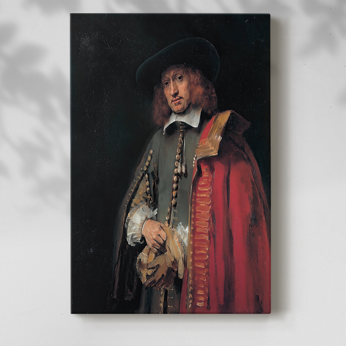 Canvas art print of a refined figure with soft light and composed posture with a soft shadow on a white background.