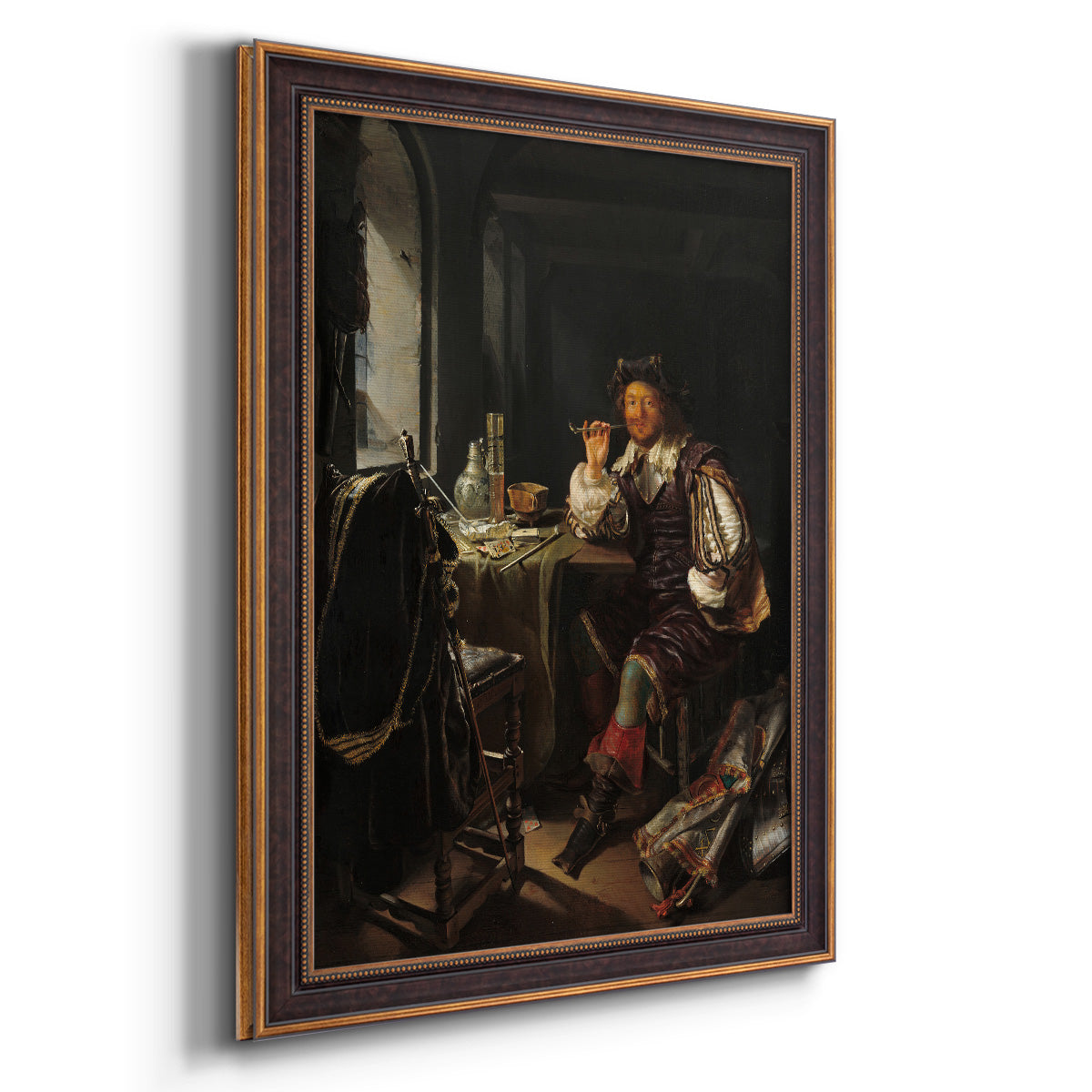 Classical portrait of a soldier smoking a pipe by Frans van Mieris the Elder printed on canvas in an ornate bronzed mahogany wood frame with a vertical orientation.
