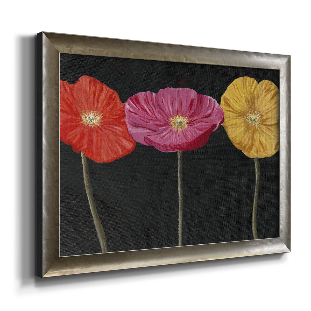 Contemporary poppy flower artwork printed on canvas in an ornate mottled silver frame.