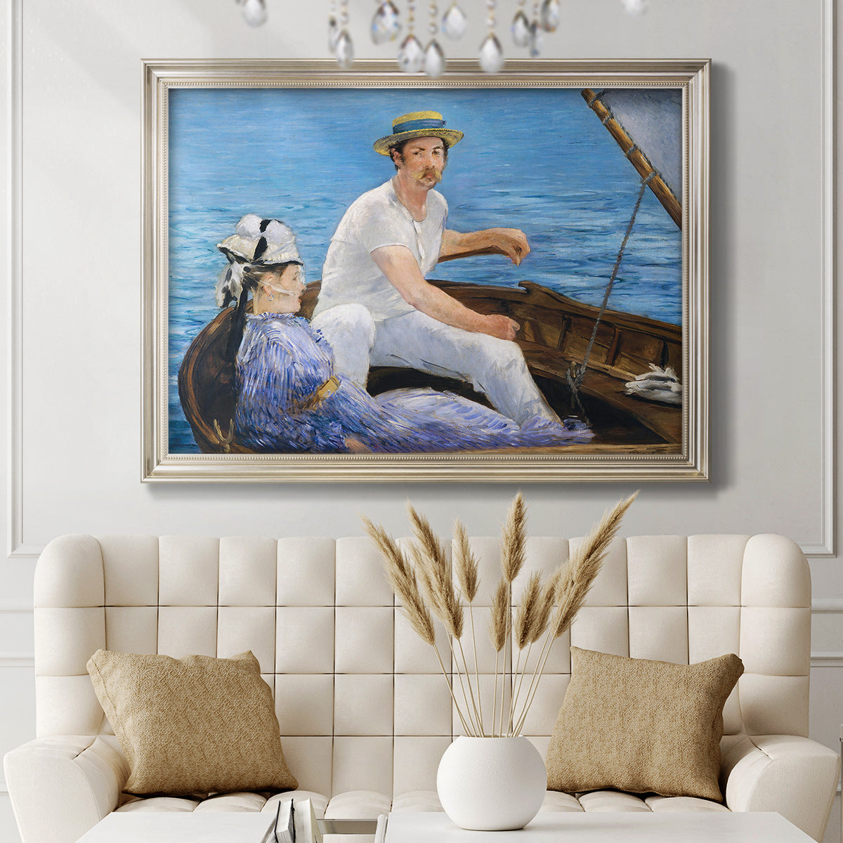 Impressionist leisure boating scene by Édouard Manet in an ornate champagne frame displayed in a neutral-toned interior setting.