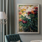 Impressionist garden floral painting by Gustave Caillebotte in an ornate champagne frame displayed in a neutral interior setting.