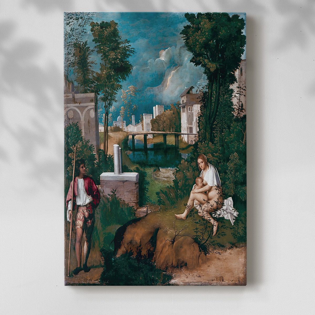 Canvas art print of a mysterious outdoor scene with lightning and calm figures with a soft shadow on a white background.