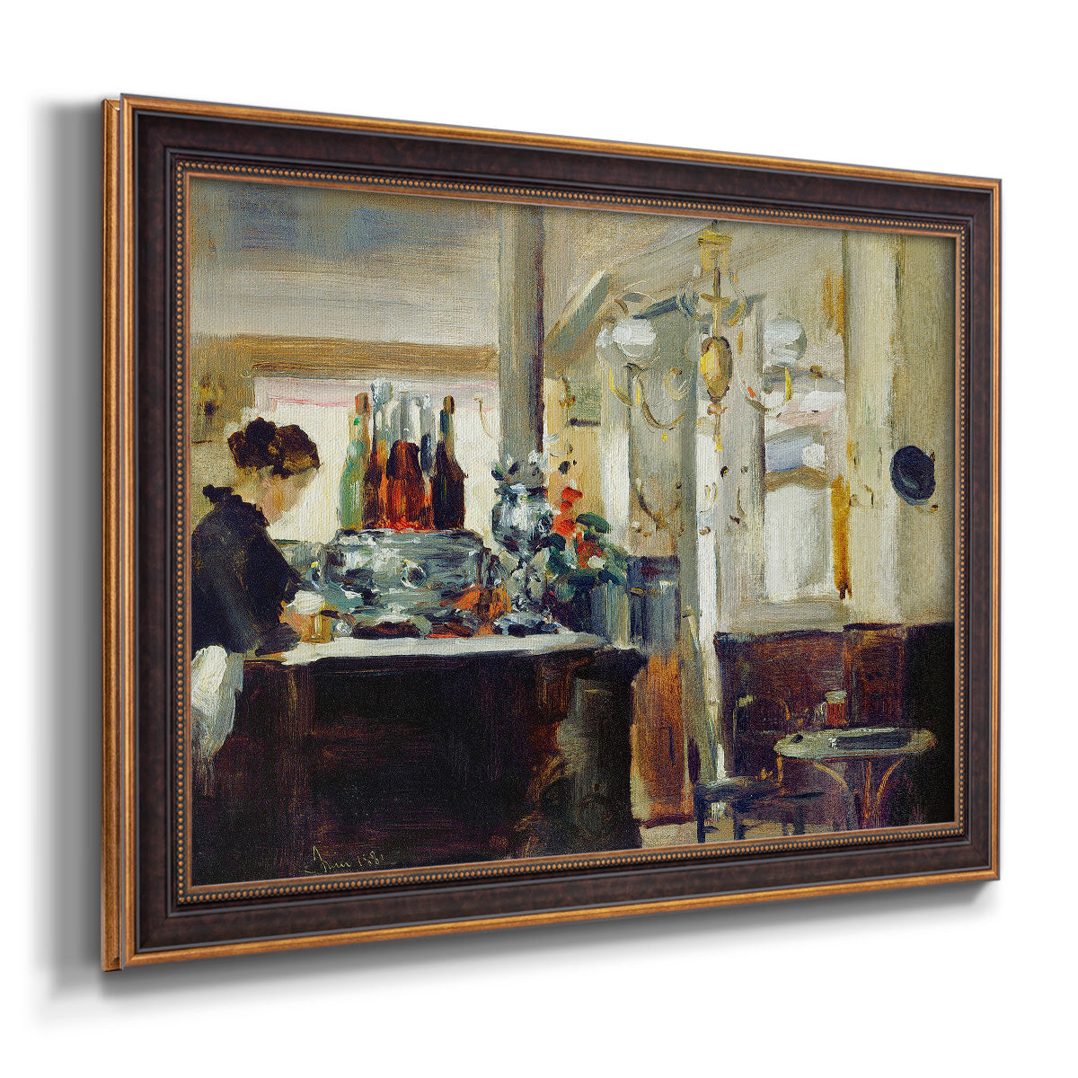 Impressionist café still life scene by Édouard Manet printed on canvas in an ornate bronzed mahogany wood frame.