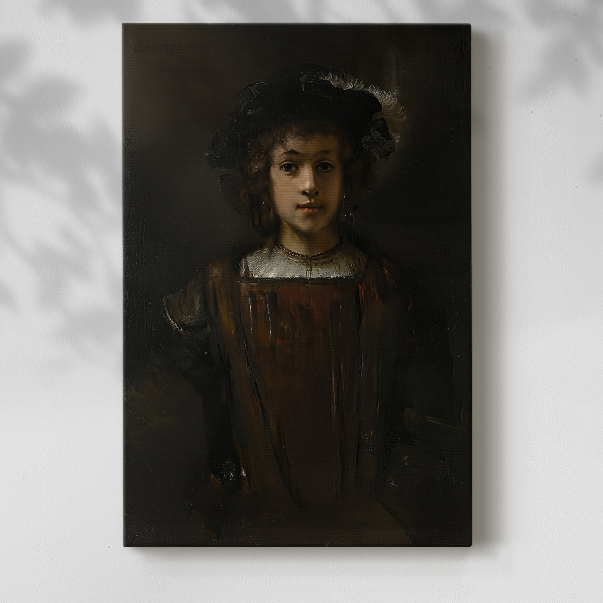 Canvas art print of a gentle figure with calm expression and subtle shading with a soft shadow on a white background.