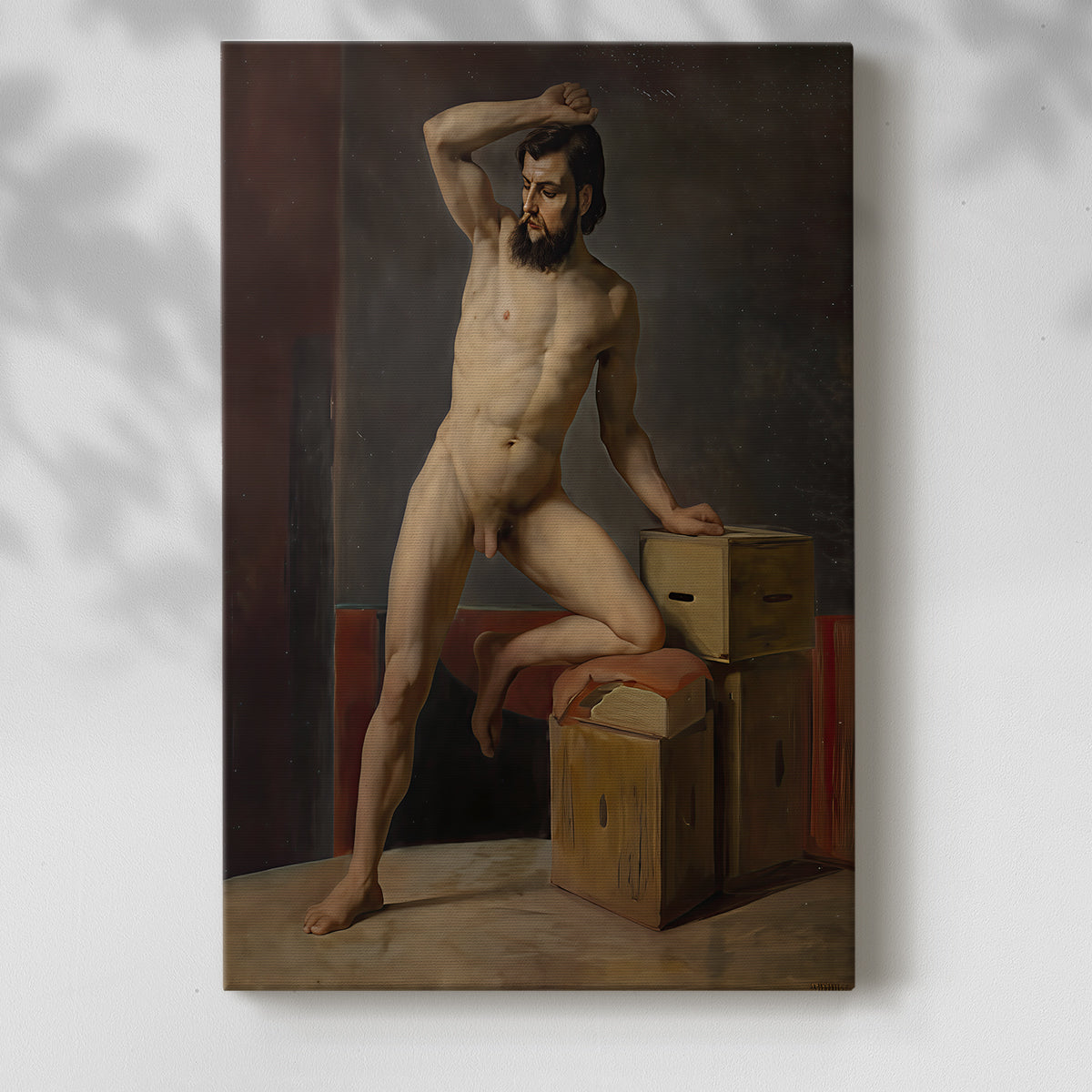 Canvas art print of a classical figure study with subtle shading and balanced posture with a soft shadow on a white background.