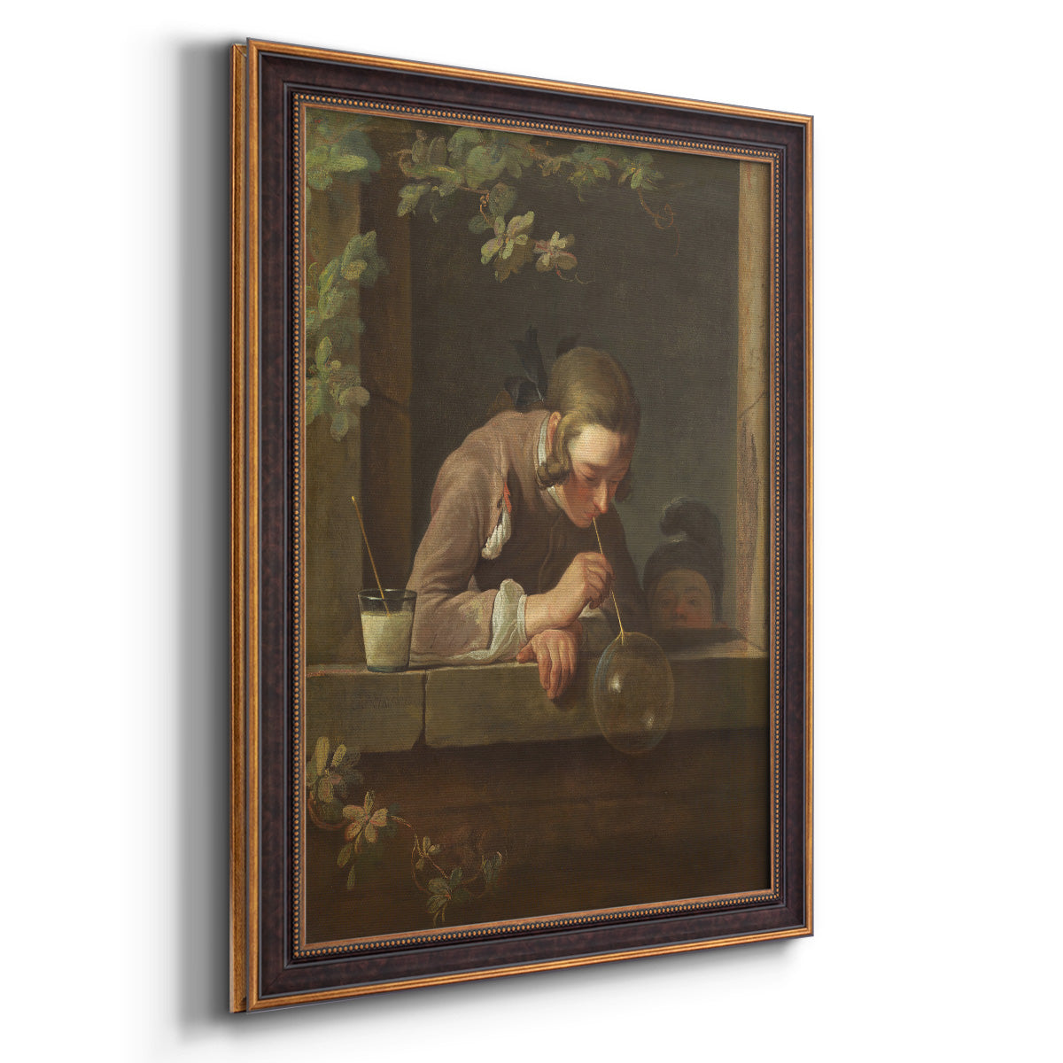 Classical genre painting of a child blowing soap bubbles by Jean-Siméon Chardin printed on canvas in an ornate bronzed mahogany wood frame with a vertical orientation.