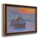 Impressionist haystack scene at sunset by Claude Monet printed on canvas in an ornate bronzed mahogany wood frame.